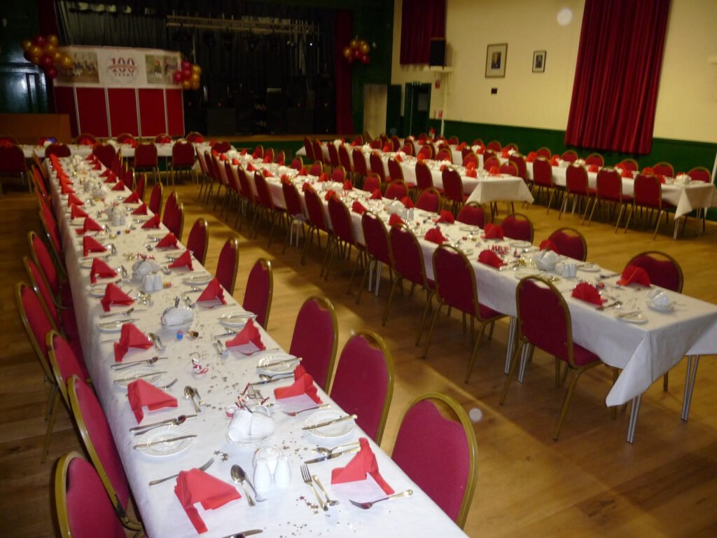 Tables set for a special occasion at Victoria hall, Llanwrtyd Wells